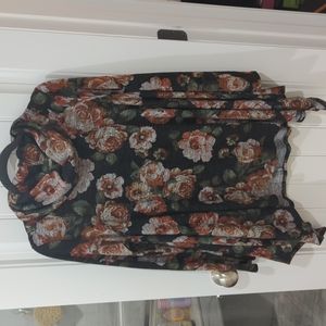 Oddy Black, Rust Red, and Green Floral Cowl Neck Sweater Tunic